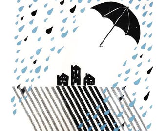 Wydruk artystyczny „Parasol w deszczowy dzień” | Czarno-niebieska litografia na papierze japońskim