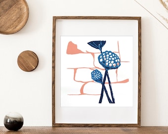 Lotus Pod Monoprint | Peach and Blue Abstract Art, Tokyo Made