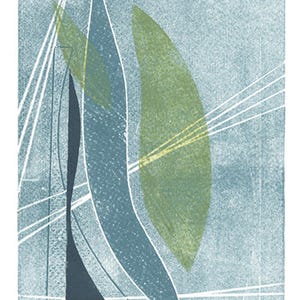 May include: Abstract art print with a blue, green, and white color scheme. The print features a series of overlapping shapes and lines.