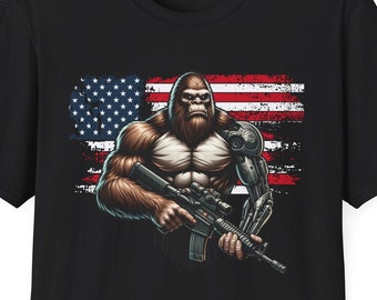 Bigfoot T-Shirt, 2nd Amendment T-Shirt, Patriotic Bigfoot Shirt, USA Flag Shirt, Bigfoot With A Gun, Pro Gun Shirt, Unisex Softstyle T-Shirt