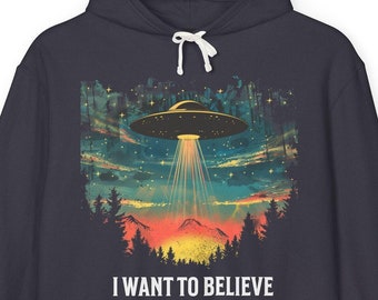 UFO In The Woods Hoodie - I want To Believe, Alien Abduction Sweater - Unisex Lightweight Hooded Sweatshirt, Extraterrestrial Pullover,
