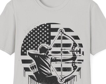 Archery T-Shirt, Archer Shirt, Patriotic Shirt, American Flag Shirt, Unisex Tee for Target Shooting Enthusiasts