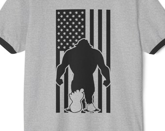 Bigfoot T-Shirt, Patriotic Bigfoot T-Shirt, Yeti Shirt, Sasquatch Shirt, Unisex Cotton Ringer T-Shirt