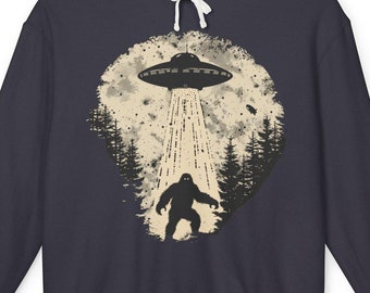 Bigfoot UFO Abduction Hoodie, Sasquatch Sweatshirt, Cryptid Pullover, Alien Abduction Sweater, Unisex Lightweight Hooded Sweatshirt