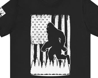 Bigfoot T-Shirt, Patriotic Bigfoot Shirt, Sasquatch Shirt, Camping T-Shirt, Bigfoot Gift, Unisex Jersey Short Sleeve Tee