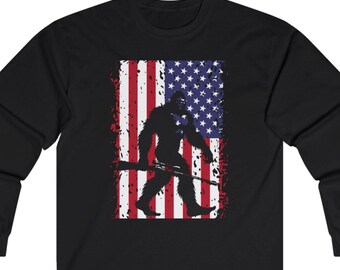 Bigfoot Long Sleeve Tee, Sasquatch Shirt, Yeti Shirt, Patriotic Shirt, Bigfoot Lover Gift, Unisex Cotton Tee