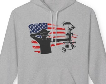 Archer Hoodie, Archery Sweatshirt, Patriotic Sweater, USA Flag Hoodie, Unisex Fleece Hoodie for Archery Enthusiasts