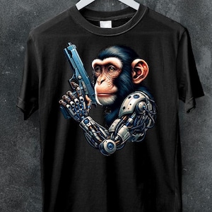 May include: Black t-shirt with a graphic of a chimpanzee with a robotic arm holding a gun.