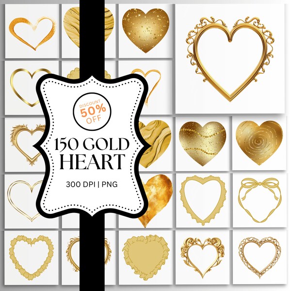 Digital Gold Heart Clipart, 150 PNG Files, 300 DPI, Love Graphics, Wedding Invitations, Scrapbooking, Instant Download