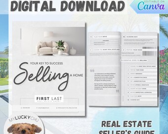 May include: A digital download guide for selling a home. The guide includes tips on preparing your home, choosing the right real estate agent, and marketing your property. The guide is titled "Your Key to Success Selling a Home" and features a photo of a living room with a couch and a plant. The guide is from First Last Real Estate Agent.