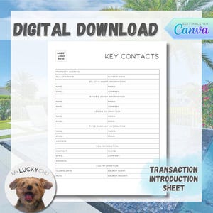 Editable Information Sheet, Real Estate Agent, Transaction Coordinator, Key Contact, Lender, Buyer, Seller, Title Company, Lender