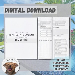 May include: A digital download for a 45-day real estate agent prospecting consistency blueprint. The printable planner includes sections for a vision board, monthly goals, daily roadmap, and this month's plan.