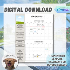 May include: A printable real estate transaction deadline calendar for buyers and sellers. The calendar is for September and October 2024. It includes important dates such as escrow, HOA application, loan application, and inspection. The calendar also includes space for utility contact information and a sales price and escrow deposit section.
