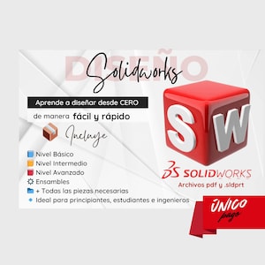 Puede incluir: Gráfico promocional para el software de diseño Solidworks. Presenta un cubo rojo con las letras "SW" y el logotipo de Solidworks. El texto en español promueve el aprendizaje del diseño desde cero, incluyendo niveles básico, intermedio y avanzado.