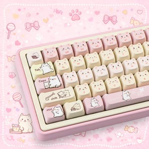 Pink Cat Keycaps - Pastel Kawaii Keycaps Set – MAO Profile PBT Dye-Sub – 140 Keys – Cute Cartoon Keycaps for Mechanical Keyboard