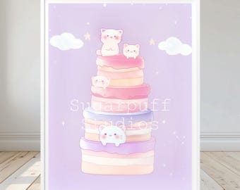 May include: A pastel purple background with a stack of macarons with white cats on top. The macarons are layered in pink, yellow, purple, and white. The text "Sugarpuff Studios" is written in white on the side of the macarons.