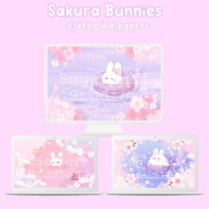 Sakura Bunny Desktop Wallpaper Set - Lofi Pink Backgrounds - Cute Desktop Organizer for Windows & Mac - Kawaii Flowers Aesthetic Bundle Pack