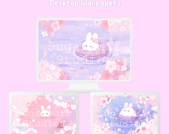 Conjunto de fondos de pantalla de escritorio de conejito Sakura - Fondos rosados lofi - Lindo organizador de escritorio para Windows y Mac - Paquete estético de flores kawaii