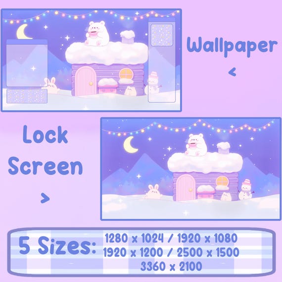 Winter Bear Desktop Wallpaper Set - Lofi Purple Backgrounds Cute