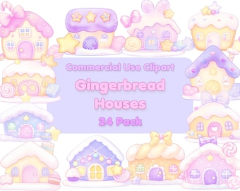 Può includere: Un set di 24 illustrazioni colorate di case di pan di zenzero. Le case sono decorate con caramelle, stelle e fiocchi. Il testo "Commercial Use Clipart Gingerbread Houses 24 Pack" è visualizzato su uno sfondo viola.
