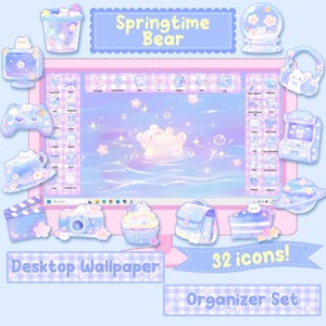 May include: A desktop wallpaper organizer set with a pastel blue and pink color scheme. The set includes 32 icons featuring a cute bear, flowers, and other spring-themed elements. The text "Springtime Bear" and "Desktop Wallpaper Organizer Set" is included in the image.