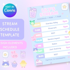Schattig pastel wekelijks stream schema sjabloon - Twitch YouTube-promo - bewerkbaar Canva-ontwerp - lieve kawaii-stijl - eenvoudige directe download