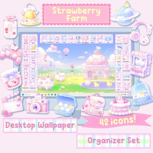 Könnte beinhalten: Eine rosa und blaue Desktop-Tapete mit einer Cartoon-Erdbeerfarm-Szene. Die Tapete enthält 42 Symbole in einem rosa-weißen Karomuster. Der Text "Strawberry Farm" und "Desktop Wallpaper" ist im Bild enthalten.