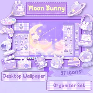 Moon Bunny Desktop Wallpaper Set - Lofi Purple Backgrounds - Cute Desktop Organizer for Windows & Mac - Kawaii Icons Aesthetic Bundle Pack