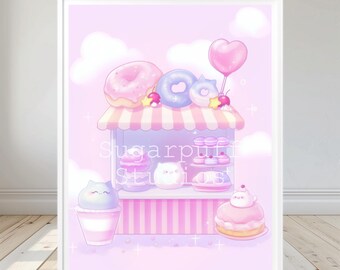 Printable Cats Pastry Food Stall Art Print - Kawaii Illustration - Cute Wall Art - Japanese Art - Kawaii Stall Art - Kawaii Room Decor - JPG