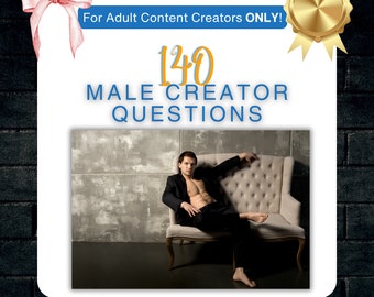 Puede incluir: Un hombre con una chaqueta de traje negra y pantalones negros se sienta en un sofá blanco capitoné. El fondo es una pared gris texturizada. El texto "140 MALE CREATOR QUESTIONS" se muestra en texto naranja y azul. El texto "For Adult Content Creators ONLY!" se muestra en texto azul. El texto "created by SubToMy" se muestra en texto negro.