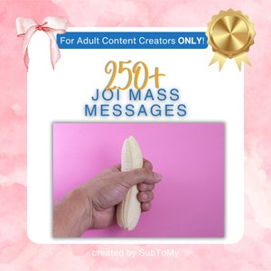 Puede incluir: Un fondo rosa con una estrella dorada y un lazo rosa. El texto "For Adult Content Creators ONLY!" está en la parte superior de la imagen. El texto "250+ JOI MASS MESSAGES" está en el medio de la imagen. La parte inferior de la imagen tiene un fondo rosa con una mano sosteniendo un plátano. El texto "created by SubToMy" está en la parte inferior de la imagen.