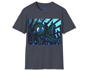 Octopus 9 tentacles, hand drawn art, skate & surf wear on a Unisex T Shirt.