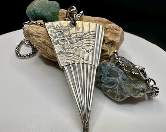Vintage Japanese Wave Fan Pendant Necklace | Authentic Tsubame Japan Stainless Steel | Custom Artisan Jewelry | 26” 316L Chain