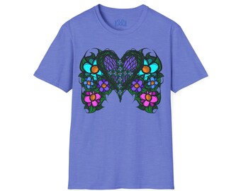 Hand drawn art, showing A Cross, Heart and Flowers on a Unisex Softstyle T-Shirt.