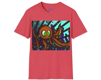 Octopus 9 tentacles, hand drawn art, skate & surf wear on a Unisex T Shirt.