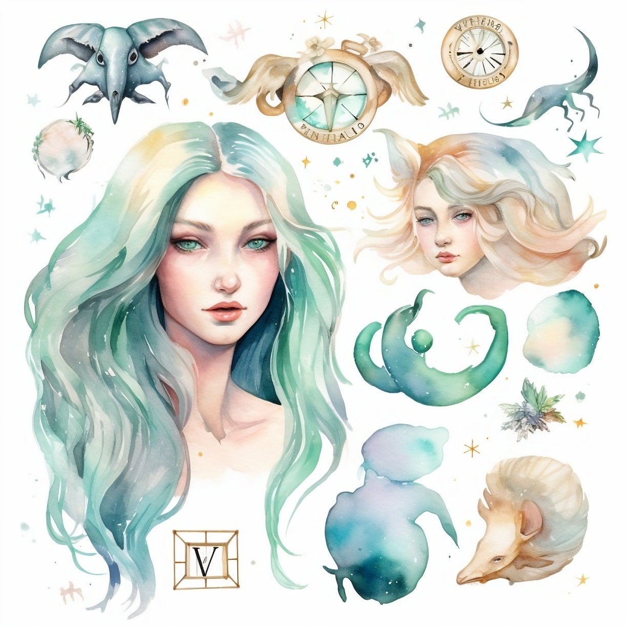 Watercolor Zodiac Signs Clipart Bundle Transparent Zodiac Etsy