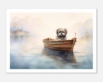 Tranquil Lake Journey - Lhasa Apso in Boat - Premium Matte Dog Art Poster