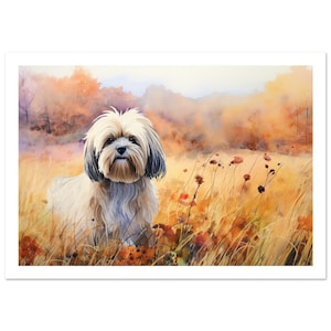 Golden Autumn Lhasa Apso: Watercolour Meadow Digital Print