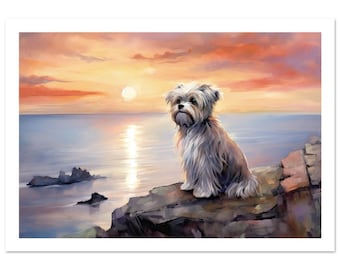 Sunset Cliffs Lhasa Apso - Seascape Watercolour Dog Art Poster