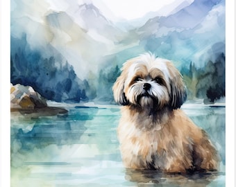 Lhasa Apso in Mountain Oasis - Watercolour Style Dog Poster - Premium Home Decor - Wall Art