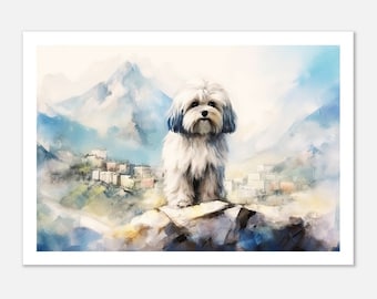 Pride of Tibet - Lhasa Apso standing before Tibetan Mountains, Digital Watercolor Art, Premium Poster