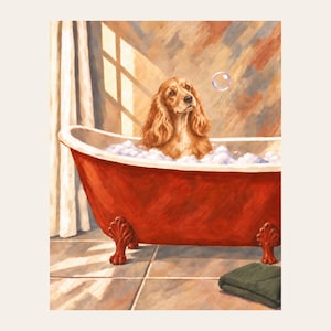 May include: A painting of a golden-brown spaniel dog sitting inside a deep red clawfoot bathtub filled with white soap bubbles. A single soap bubble floats in the air above the dog, while a folded dark green towel rests on the tiled floor.