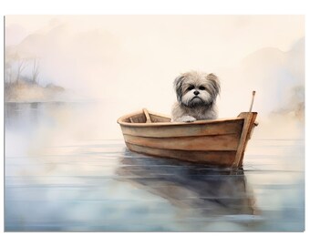 Lhasa Apso in Boat Poster - Tranquil Lake Dog Print - Pet Lover Gift - Premium Matte Wall Art - Dog Breed Illustration - Digital Art