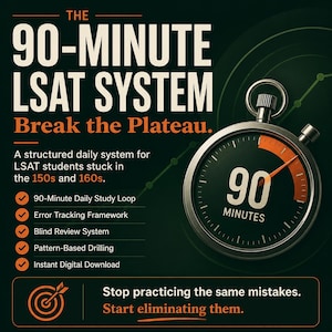 Peut inclure: Un graphique vert foncé avec un chronomètre argenté dont l'aiguille orange indique 90 minutes. Le texte indique : THE 90-MINUTE LSAT SYSTEM, Break the Plateau, A structured daily system for LSAT students, et une liste de cinq fonctionnalités.