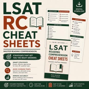 Könnte beinhalten: Ein Set von LSAT-Lernhilfen für das Leseverständnis mit dunkelgrünem und rostfarbenem Text auf cremefarbenem Hintergrund. Die Dokumente enthalten Abschnitte zu Lesestrategien, Fragetypen, häufigen Fehlern und eine Checkliste für Antworten.