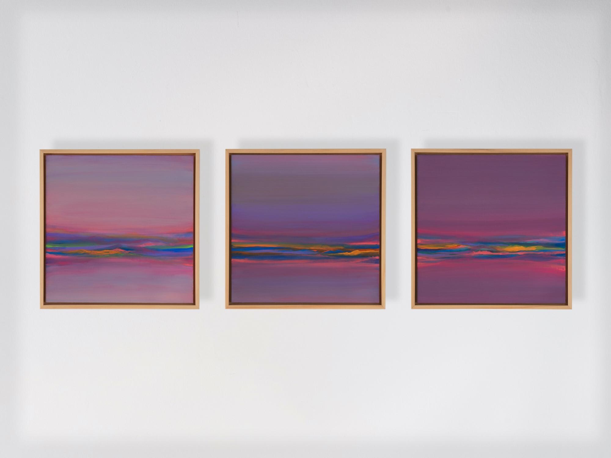 紫色の空の風景アクリル画3枚セット、木製の抽象的な夕焼け画、モダン