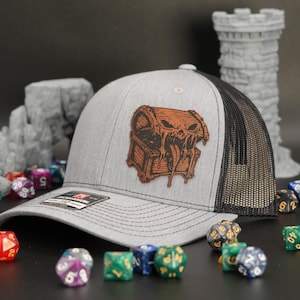 The Treasure Chest Mimic, Leatherette Patch on Gray and Black Richardson 112 Trucker Hat, Gamer, D&D, Video Game, Leather Patch Hat