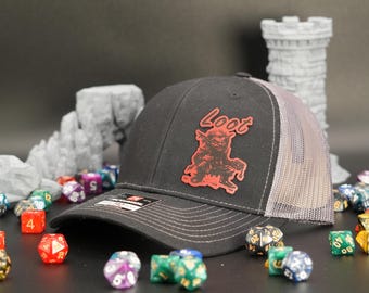 The Loot Goblin Hat, Leatherette Patch on a Black and Gray Richardson 112 Trucker Hat, Gamer, D&D, Video Game, Leather Patch Hat
