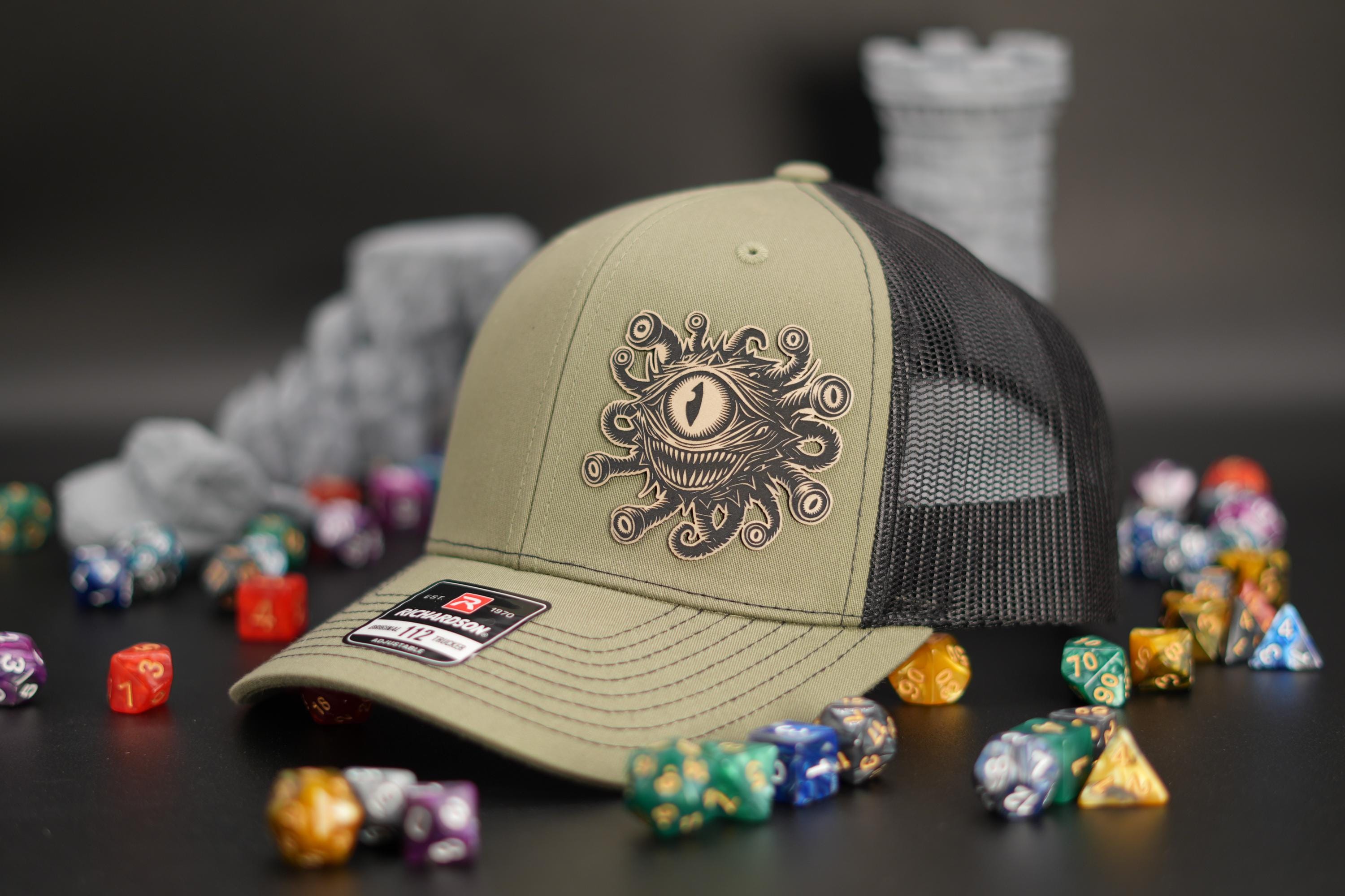 The Beholder Eye Monster, Leatherette Patch on Richardson 112 Trucker Hat, Gamer, D&D, Video Game, Leather Patch Hat