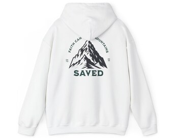 May include: White hooded sweatshirt with a black and green mountain graphic on the back. The graphic says "Faith Can Move Mountains" and "Saved".